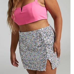 Showpo. Ingrid Sequin Mini Skirt in Rainbow Silver